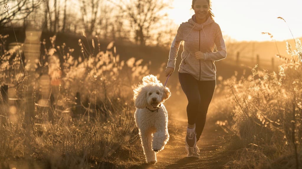 Person running outdoors on a trail with a dog at sunset, warm golden light